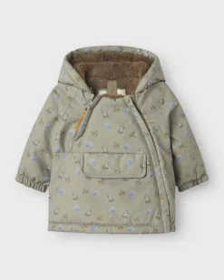 Giacca imbottita Lil'Atelier verde con interno in pelo marrone e fantasia animaletti