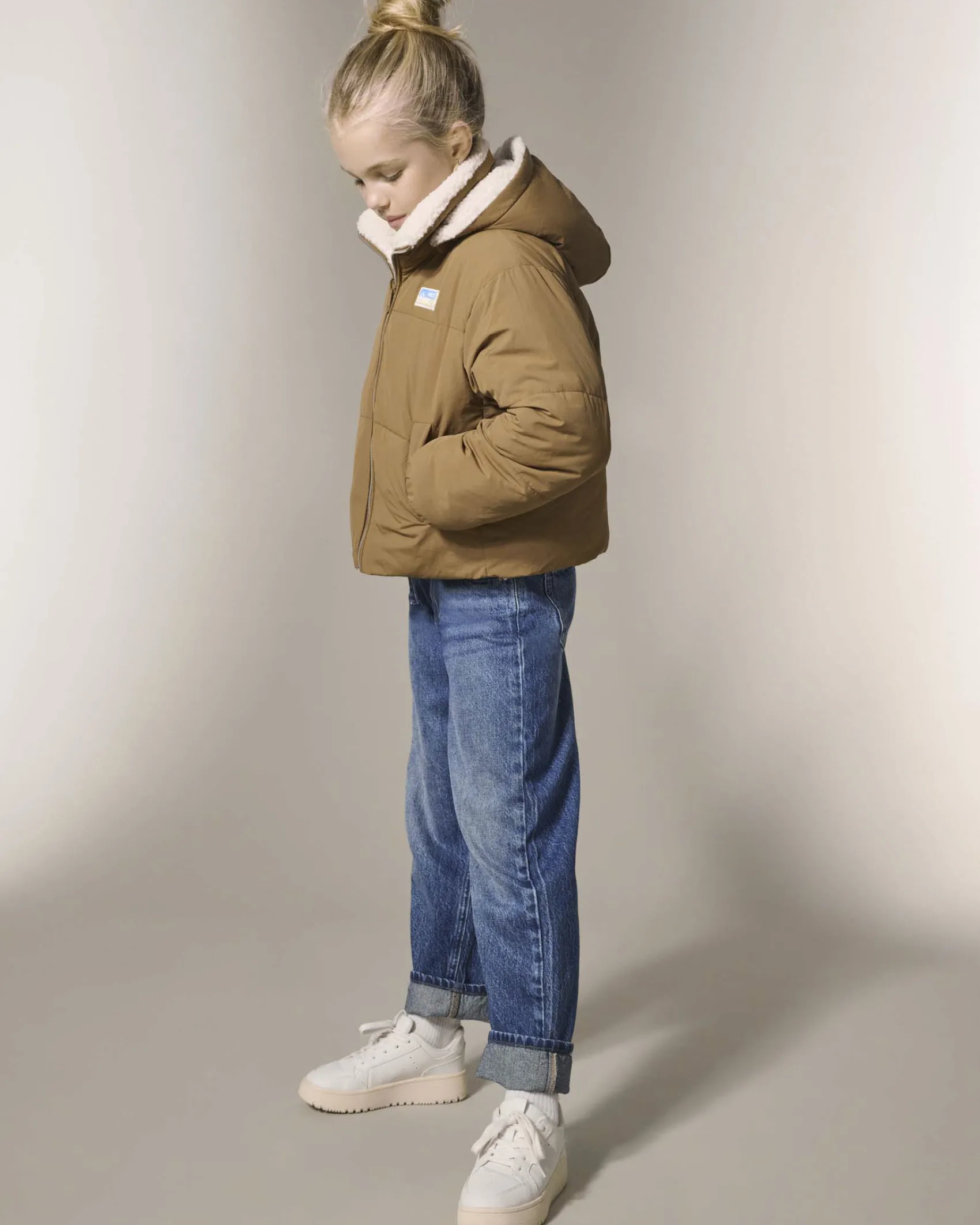 Giacca Kids Only color cammello con doubleface teddy avorio
