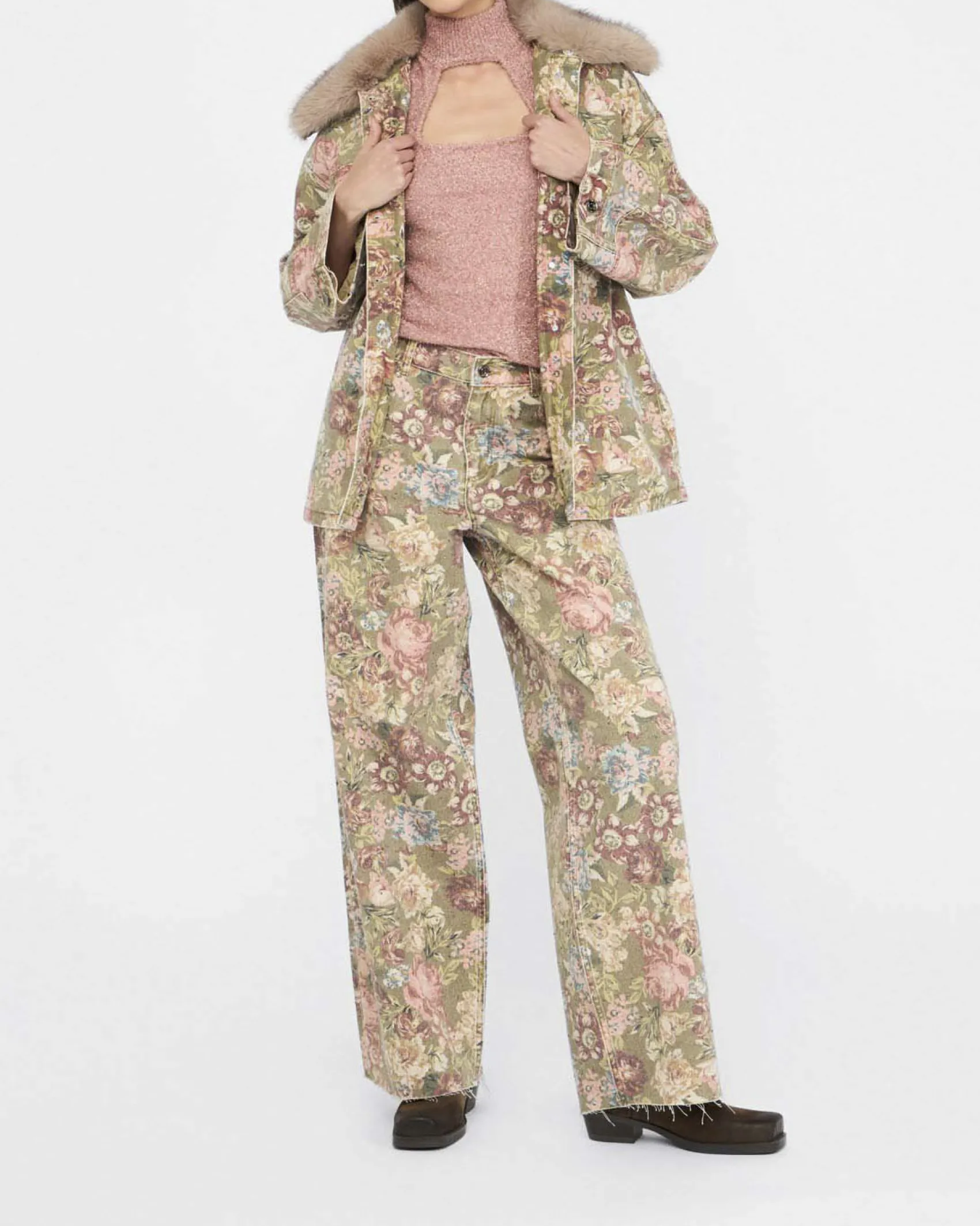 Giacca Liu Jo Jeans cotone floreale con colletto pelliccia removibile