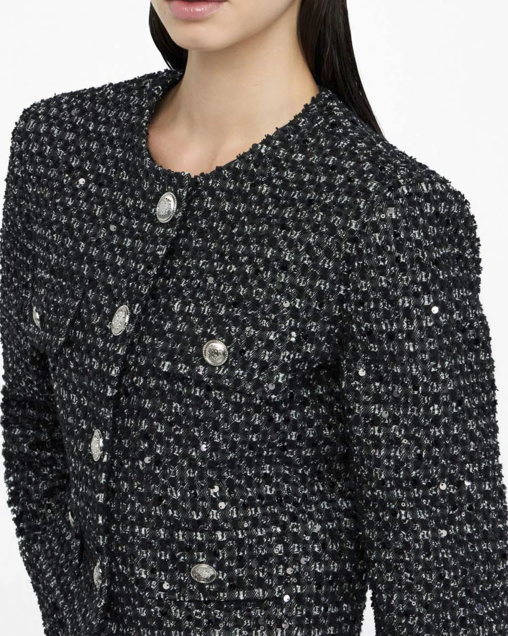 Giacca Liu Jo Jeans nera in bouclé con micro paillettes applicate