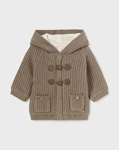 Giacca marrone in cotone tricot con cappuccio ed alamari