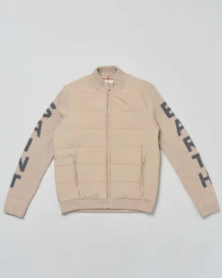 Giacca MC2 Saint Barth beige bi-tessuto in lana con inserto frontale in nylon imbottito e scritta logo sulle maniche
