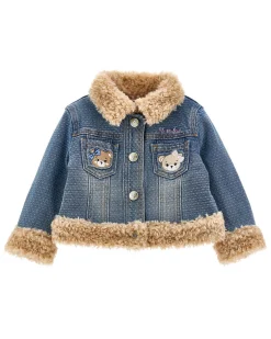 Giacca Monnalisa in denim di cotone stretch a lavaggio medio imbottita con profili teddy beige