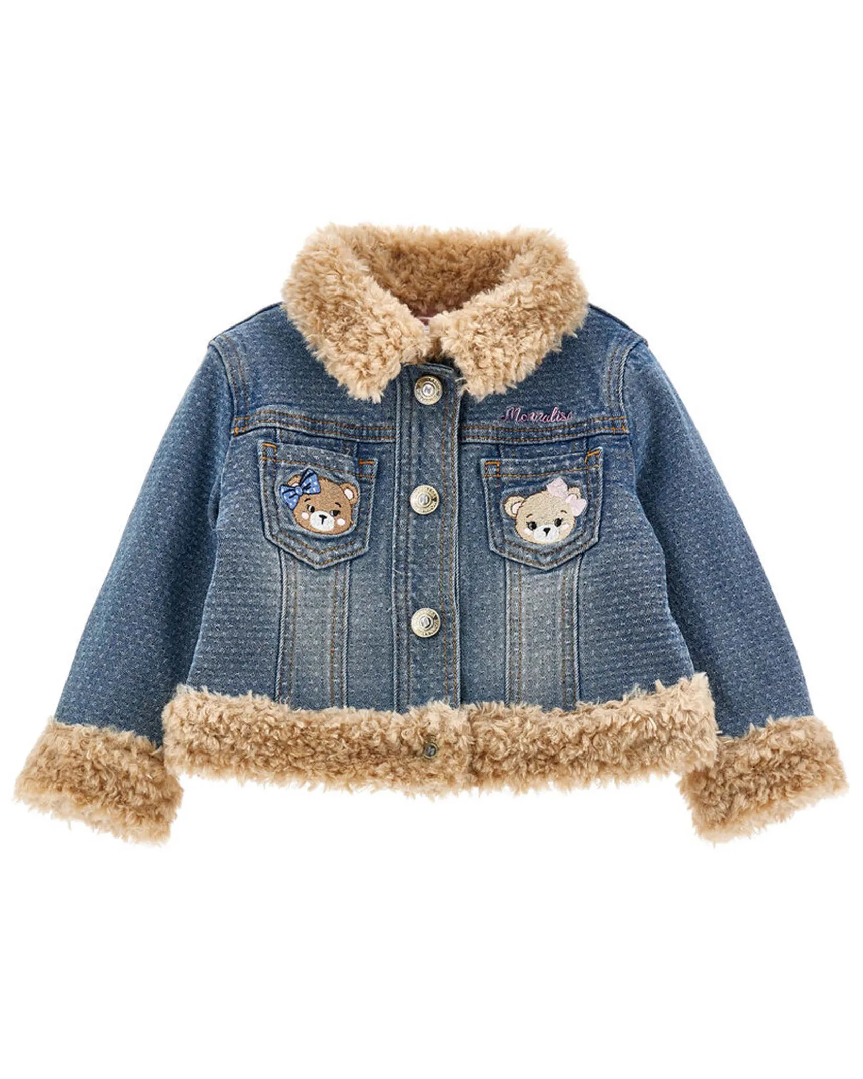 Giacca Monnalisa in denim di cotone stretch a lavaggio medio imbottita con profili teddy beige