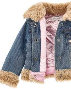 Giacca Monnalisa in denim di cotone stretch a lavaggio medio imbottita con profili teddy beige