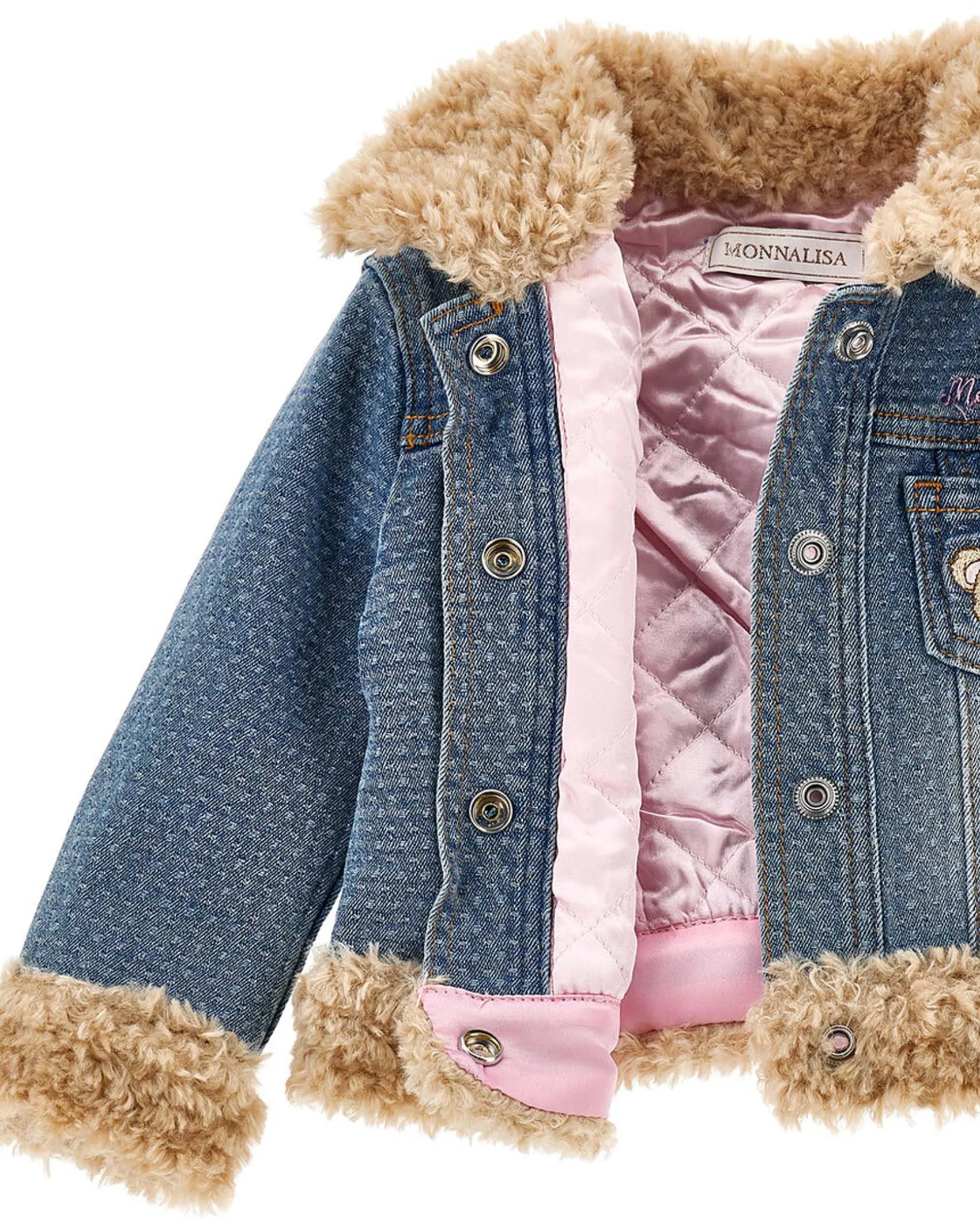 Giacca Monnalisa in denim di cotone stretch a lavaggio medio imbottita con profili teddy beige