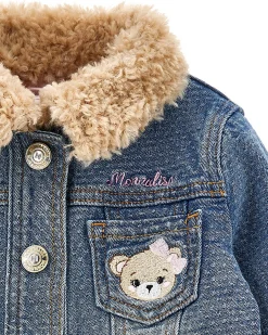 Giacca Monnalisa in denim di cotone stretch a lavaggio medio imbottita con profili teddy beige