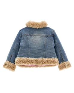 Giacca Monnalisa in denim di cotone stretch a lavaggio medio imbottita con profili teddy beige
