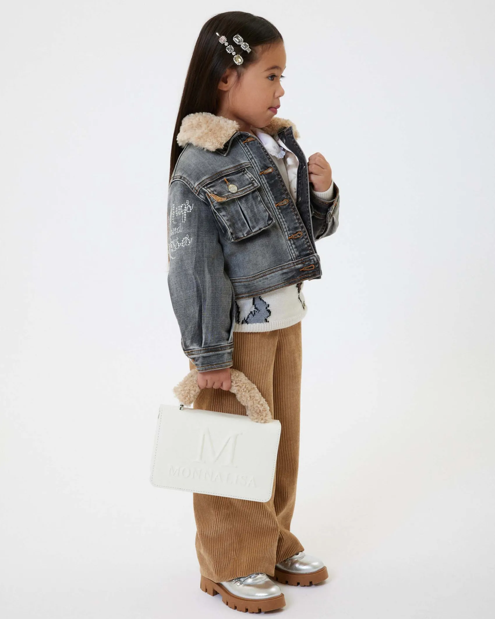 Giacca Monnalisa nera in denim di cotone stretch stone washed con colletto teddy beige