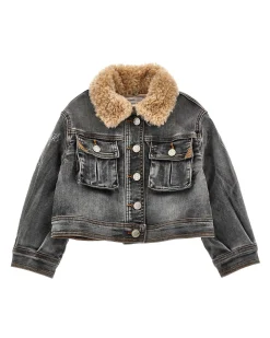 Giacca Monnalisa nera in denim di cotone stretch stone washed con colletto teddy beige