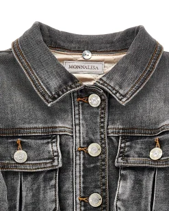 Giacca Monnalisa nera in denim di cotone stretch stone washed con colletto teddy beige
