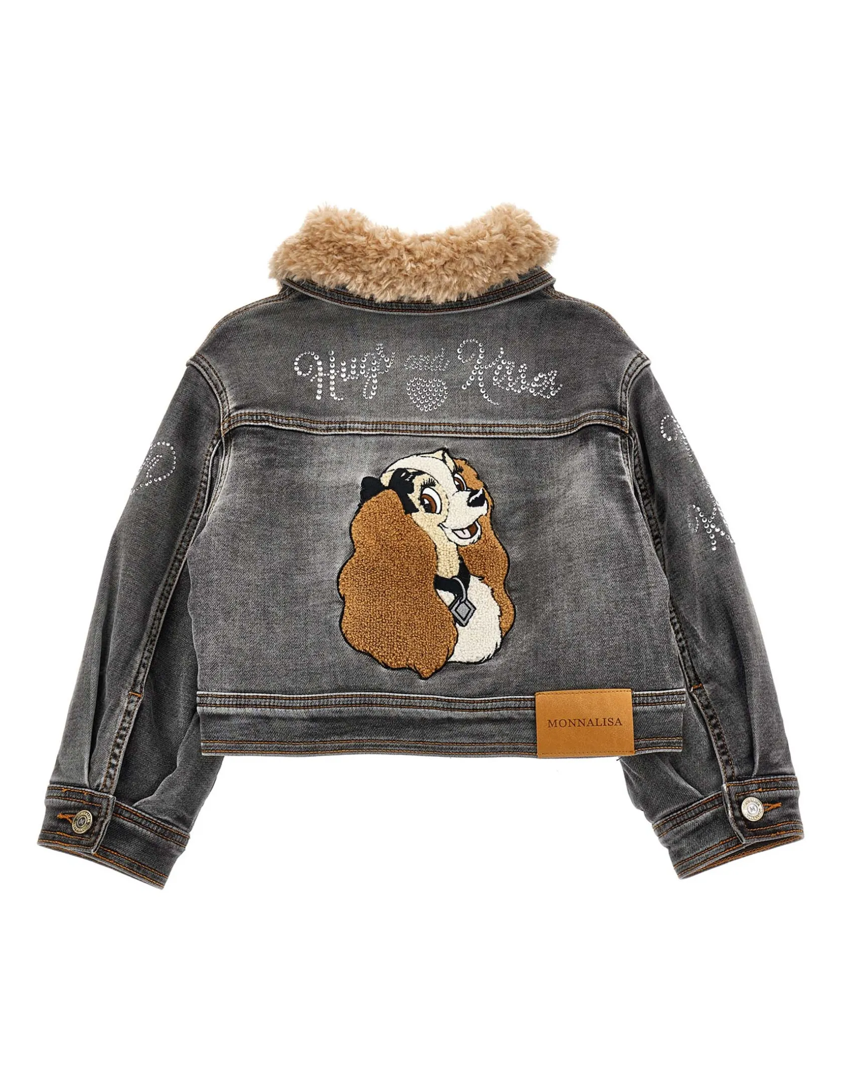 Giacca Monnalisa nera in denim di cotone stretch stone washed con colletto teddy beige