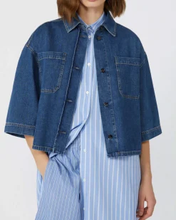 Giacca over a camicia blu in denim di cotone Weekend Max Mara con maniche al gomito
