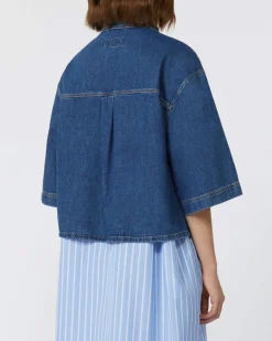 Giacca over a camicia blu in denim di cotone Weekend Max Mara con maniche al gomito