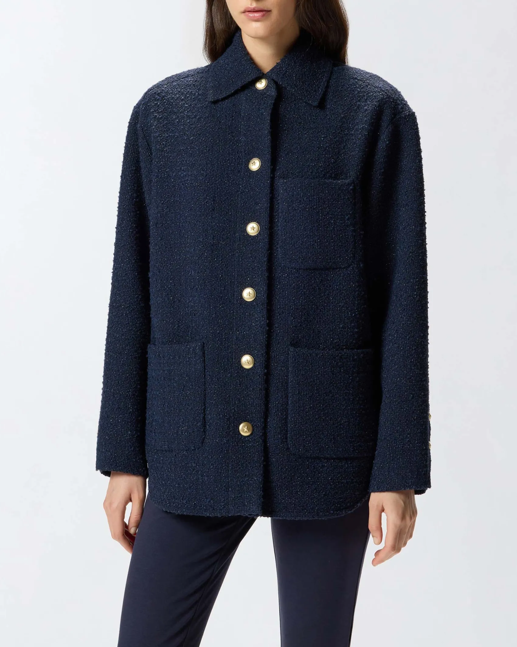Giacca oversize blu Pinko in bouclé di misto cotone con colletto a camicia e tasche applicate