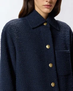 Giacca oversize blu Pinko in bouclé di misto cotone con colletto a camicia e tasche applicate