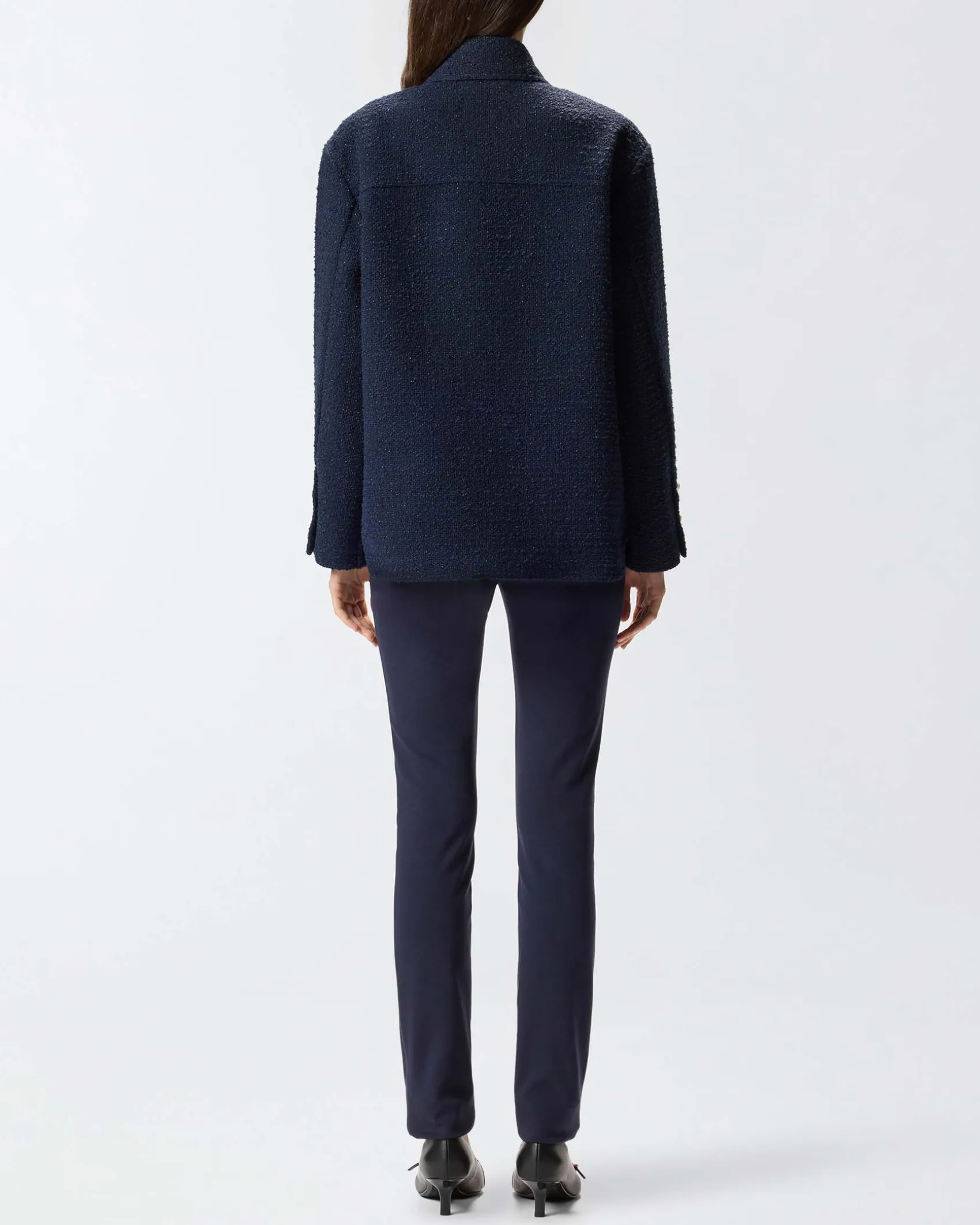 Giacca oversize blu Pinko in bouclé di misto cotone con colletto a camicia e tasche applicate