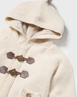 Giacca panna in cotone tricot con cappuccio ed alamari