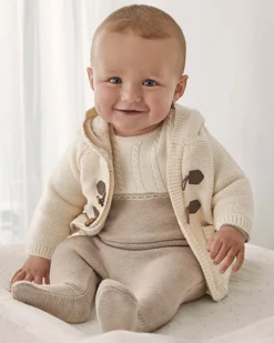 Giacca panna in cotone tricot con cappuccio ed alamari