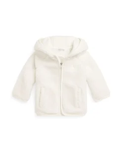Giacca Ralph Lauren orsetto bianca con chiusura zip e cappuccio con orecchiette