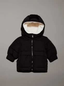 Giaccone Calvin Klein nero in nylon con cappuccio teddy bianco