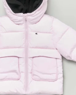 Giaccone Calvin Klein rosa in nylon con cappuccio ed interno in pile blu