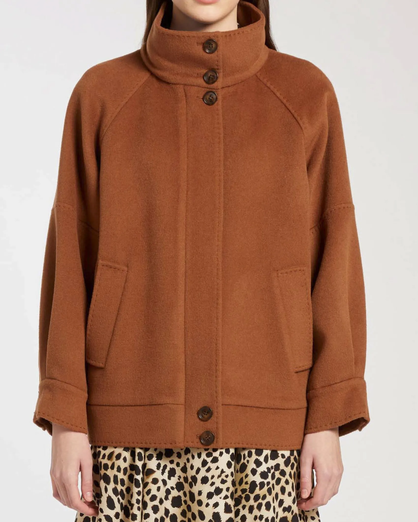 Giaccone color cuoio in double di lana e cashmere Marella con colletto in piedi e maniche raglan