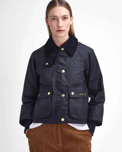 Giaccone cropped nero Beadnell in cotone cerato con colletto in cotone a costine