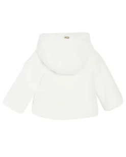 Giaccone Liu-Jo bianco in eco-pelliccia con cappuccio e fiocco applicato
