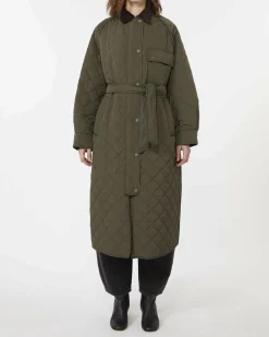 Giaccone lungo trapuntato verde militare Weekend Max Mara in taffetà antigoccia con colletto a velluto a coste