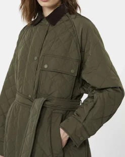 Giaccone lungo trapuntato verde militare Weekend Max Mara in taffetà antigoccia con colletto a velluto a coste