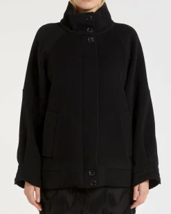 Giaccone nero in double di lana e cashmere Marella con colletto in piedi e maniche raglan