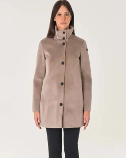 Giaccone Velvet in jersey di velluto color taupe con colletto in piedi