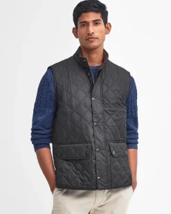 Gilet Barbour Lowerdale nero trapuntato a rombi con colletto in velluto marrone