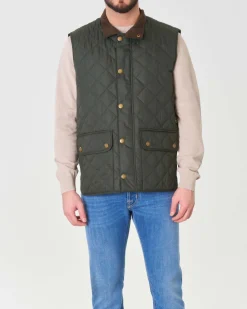 Gilet Barbour Lowerdale verde scuro trapuntato a rombi con colletto in velluto marrone