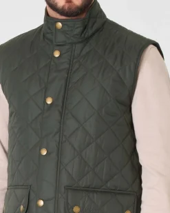 Gilet Barbour Lowerdale verde scuro trapuntato a rombi con colletto in velluto marrone