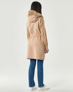 Gilet beige in panno double Emme Marella con cappuccio e profili in ecopelliccia tono su tono