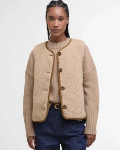 Gilet beige in pile Barbour modello Luciana con profili in velluto a coste colore cammello