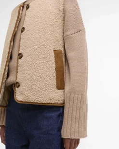 Gilet beige in pile Barbour modello Luciana con profili in velluto a coste colore cammello