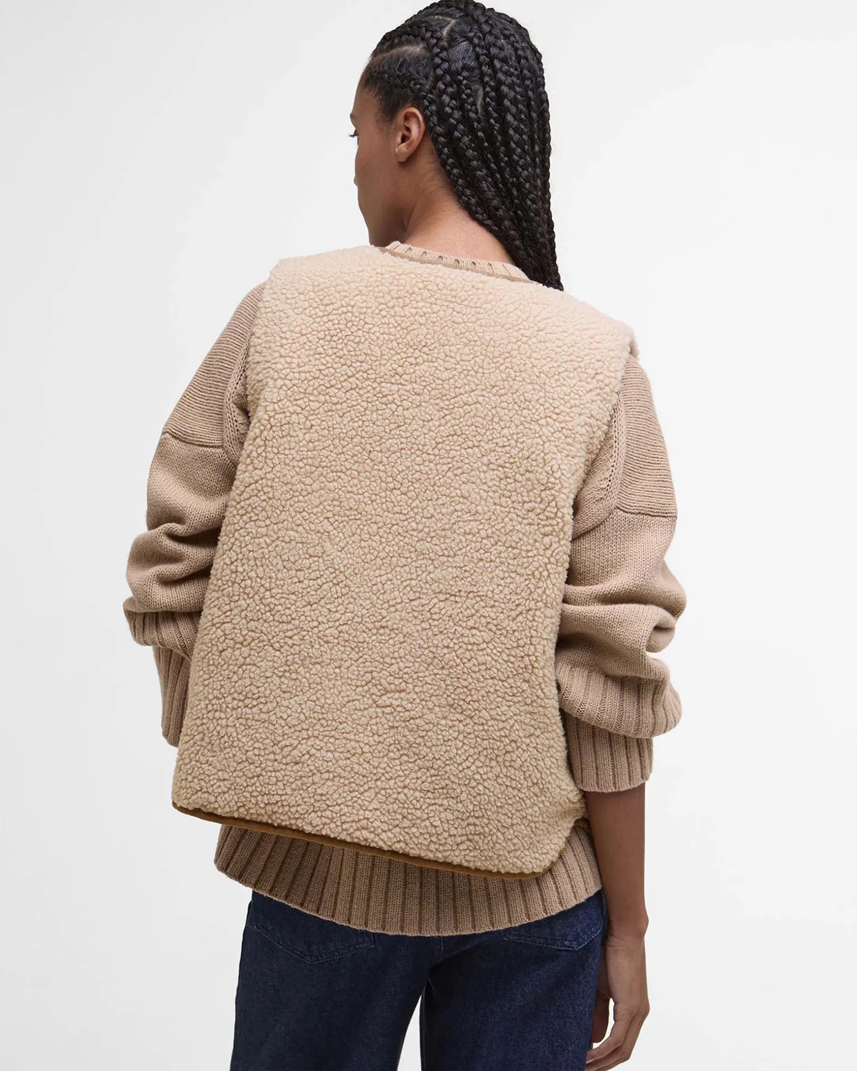 Gilet beige in pile Barbour modello Luciana con profili in velluto a coste colore cammello