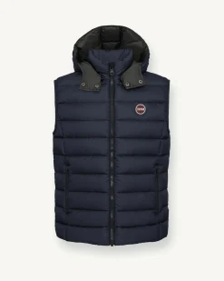 Gilet blu navy in nylon opaco imbottito in piuma con cappuccio staccabile