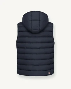 Gilet blu navy in nylon opaco imbottito in piuma con cappuccio staccabile