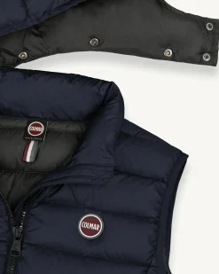 Gilet blu navy in nylon opaco imbottito in piuma con cappuccio staccabile