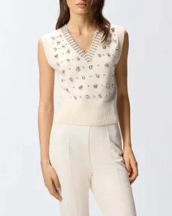 Gilet color avorio Pinko in misto lana con pietre applicate sul davanti e lungo lo scollo a V
