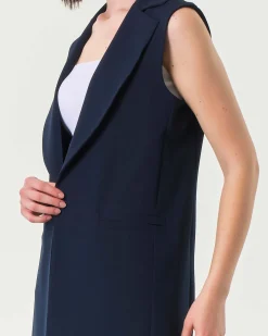Gilet lungo blu in tessuto tecnico con scollo a rever senza bottoni di chiusura
