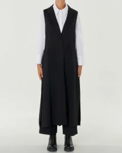 Gilet lungo nero in tricot di viscosa senza maniche con scollo a rever