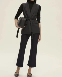 Gilet midi Emme Marella grigio antracite in flanella leggera di misto lana con scollo a rever e cintura in vita