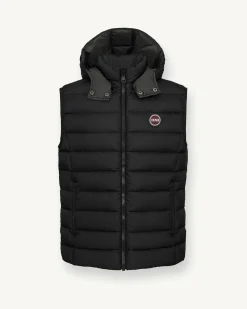 Gilet nero in nylon opaco imbottito in piuma con cappuccio staccabile