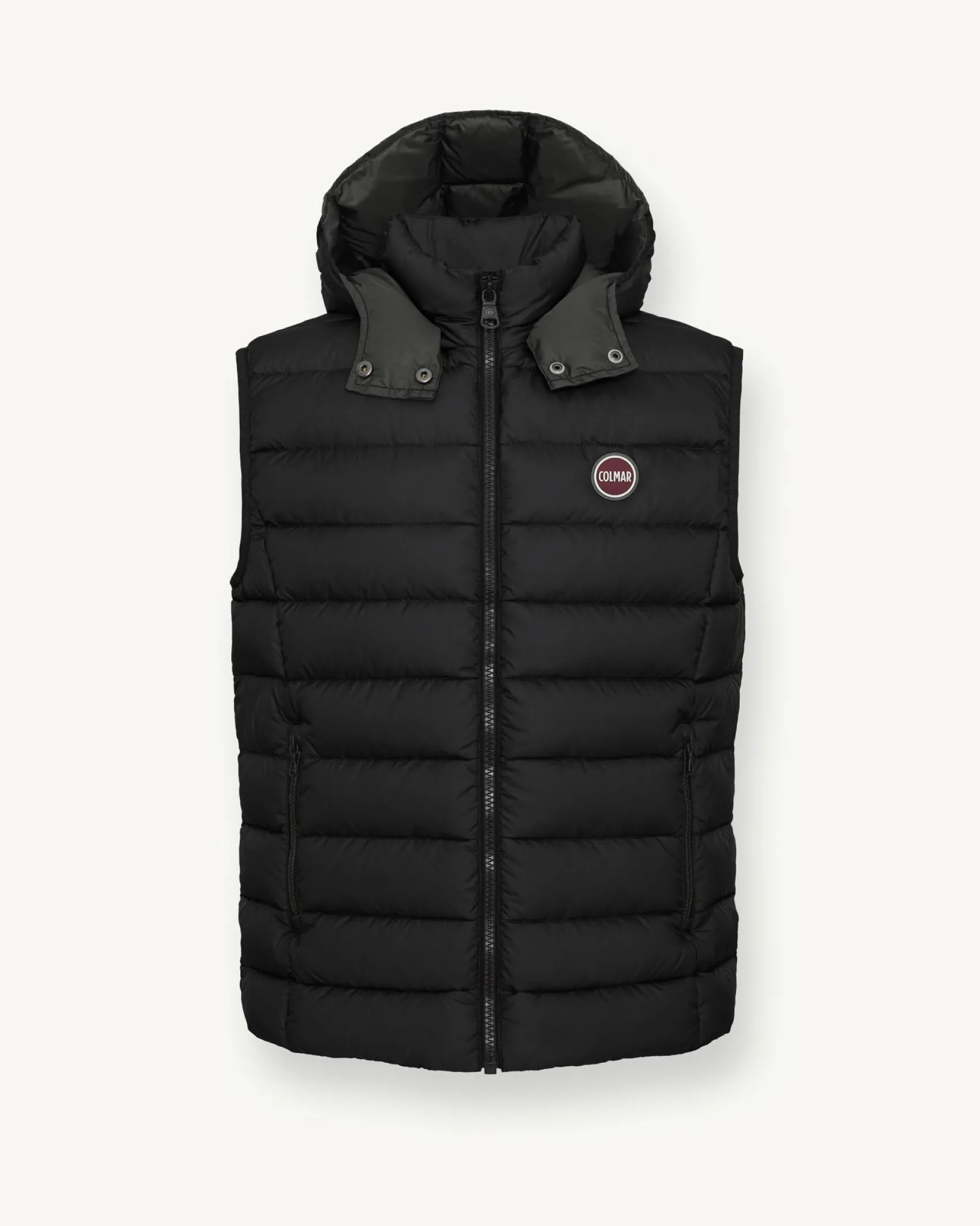 Gilet nero in nylon opaco imbottito in piuma con cappuccio staccabile
