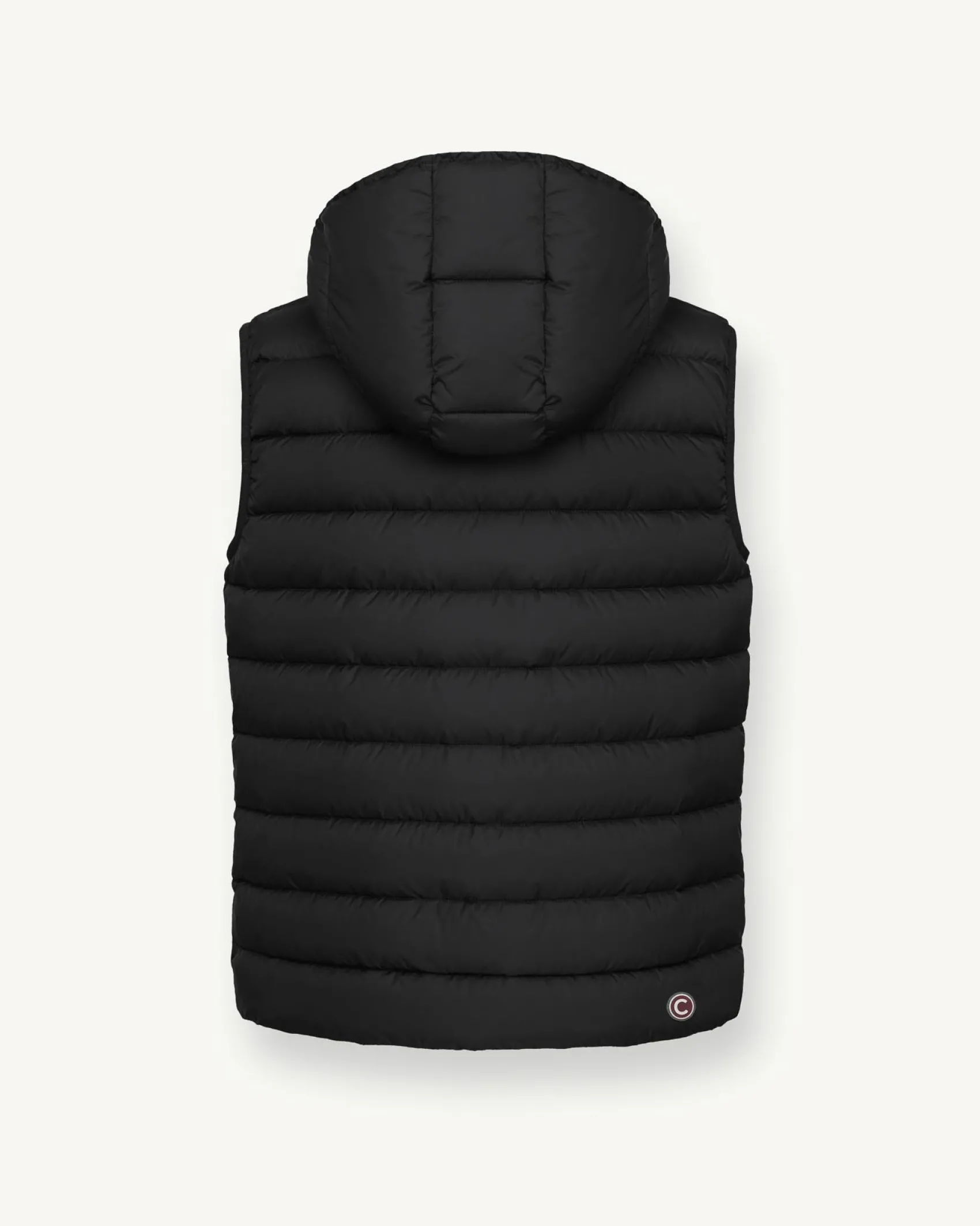 Gilet nero in nylon opaco imbottito in piuma con cappuccio staccabile